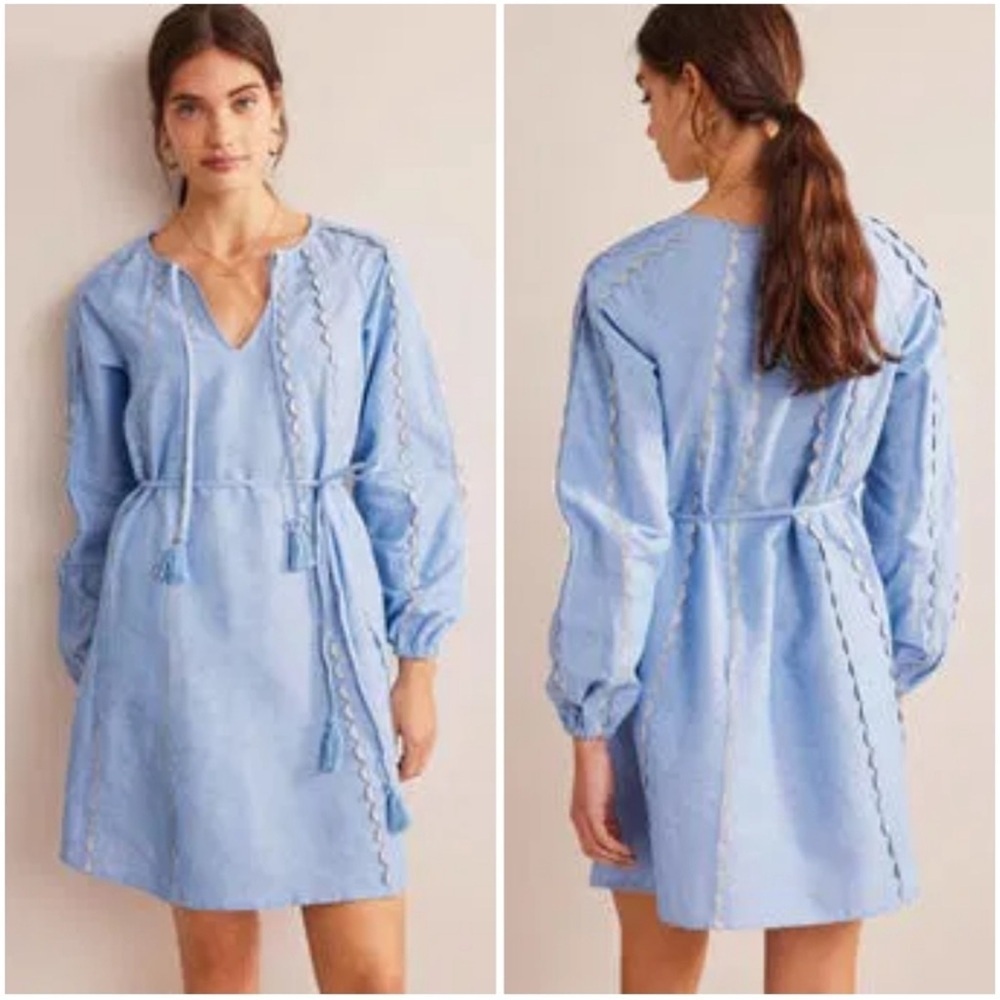 Boden Light Chambray Blue Ric Rac Linen Mini Dress Sz 14R NWOT